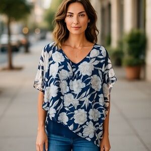 Elegant Floral Navy Blouse sheer overlay asymmetrical hem, L like new, feminine